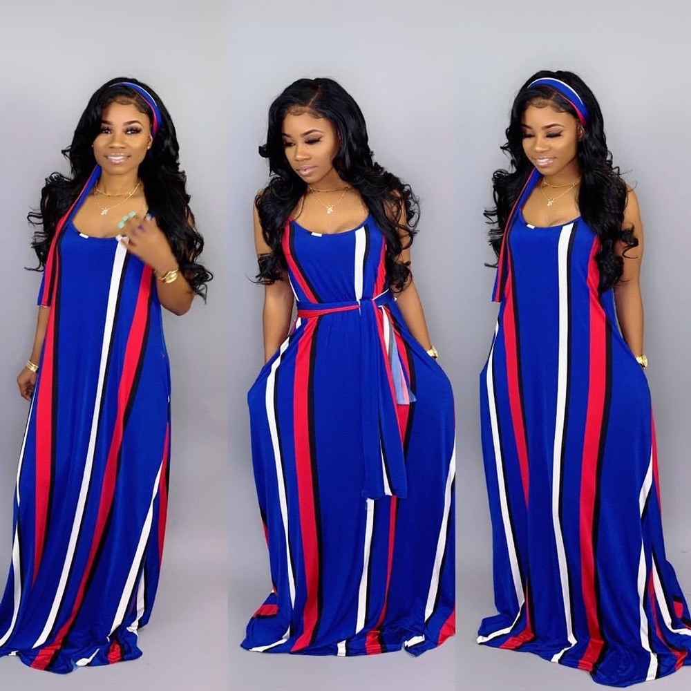 Red Blue White Stretch Sleeveless Loose Maxi Dress - Picture 5 of 7